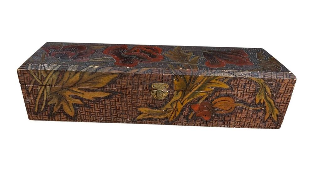 Antique Pyrography Long Dresser Box Vintage Floral Art Nouveau Cottagecore 14”